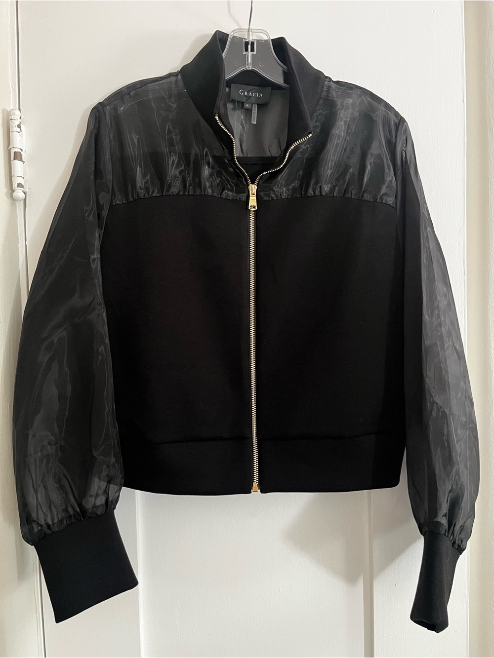 Gracia Black Mixed-Media Bomber Jacket with Sheer Sleeves Size L